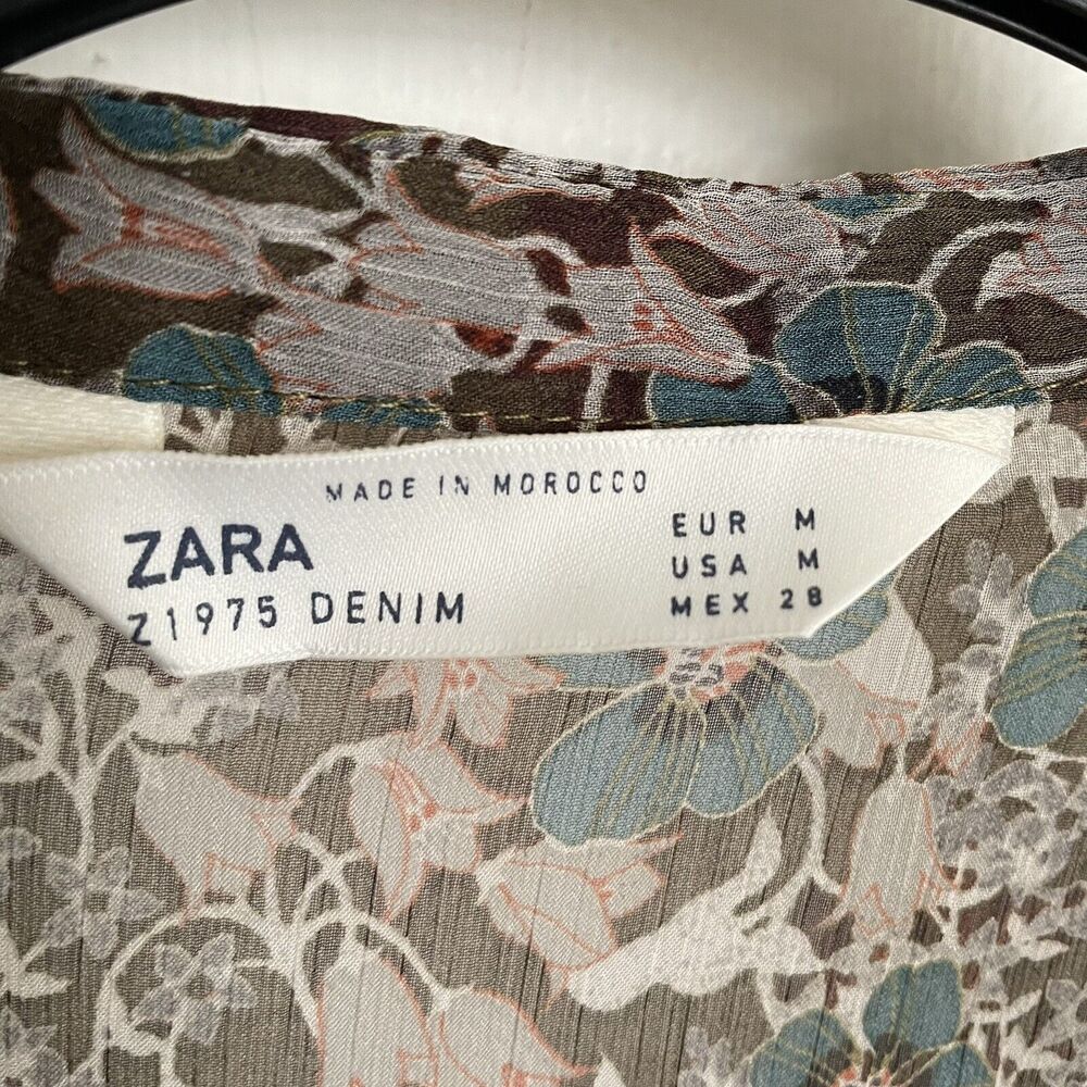 ZARA Denim Sz M Beige Teal Floral Semi-Sheer Peasant Blouse Top Lace Up Ruffle - Picture 4 of 9